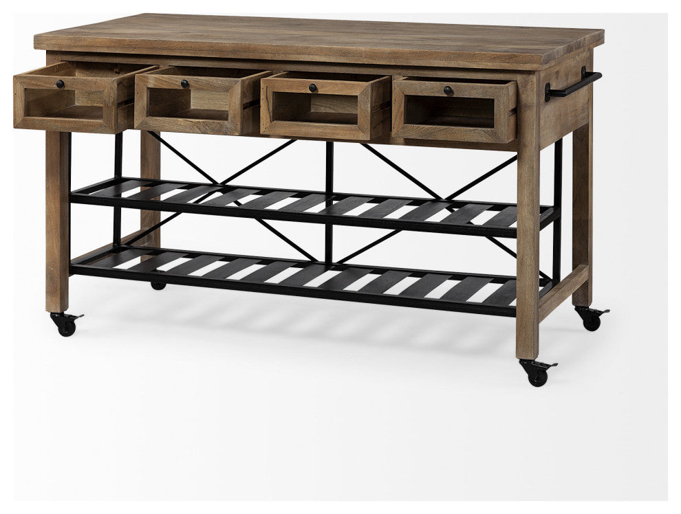 Brown Solid Wood Top Kitchen Island With Two Tier Black Metal Rolling