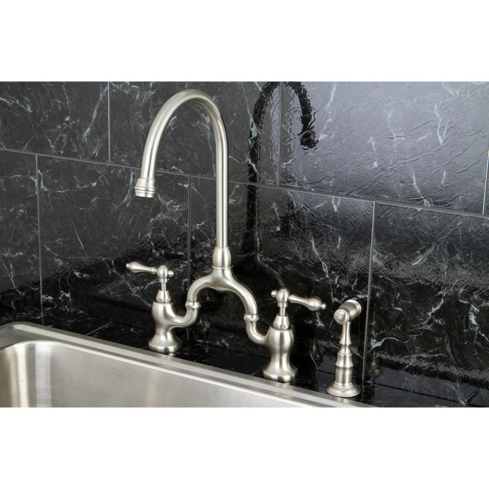 Kingston Brass Bridge Kitchen Faucet With Brass Sprayer, Brushed Nickel