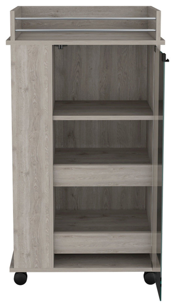 DEPOT E-SHOP Lansing Bar Cart, Casters, 2 Shelves, Glass Doors, Light Gray