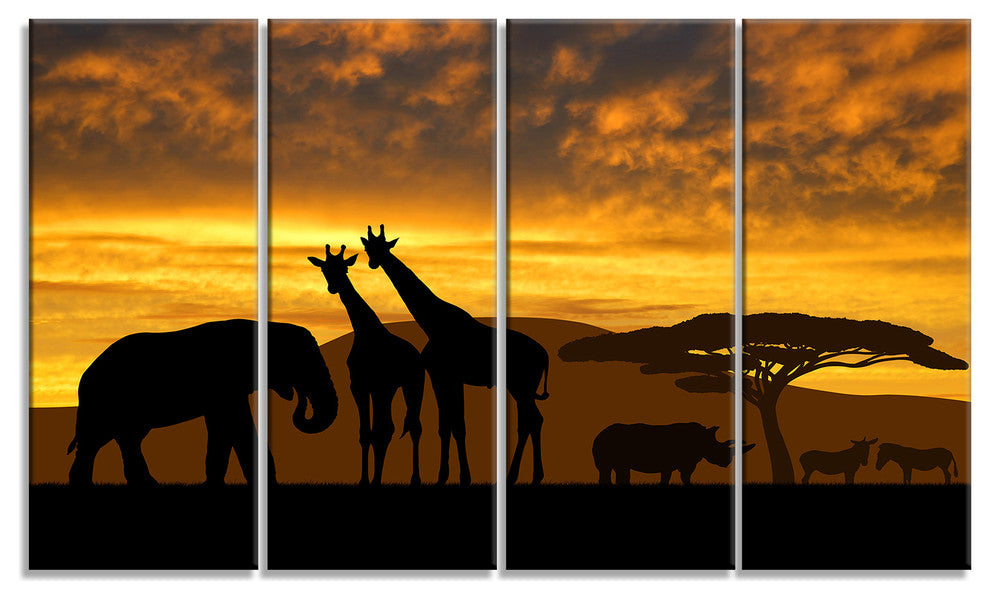 Giraffes and Elephant and Rhino, African Canvas Art Print, 48"x28", 4 Panels