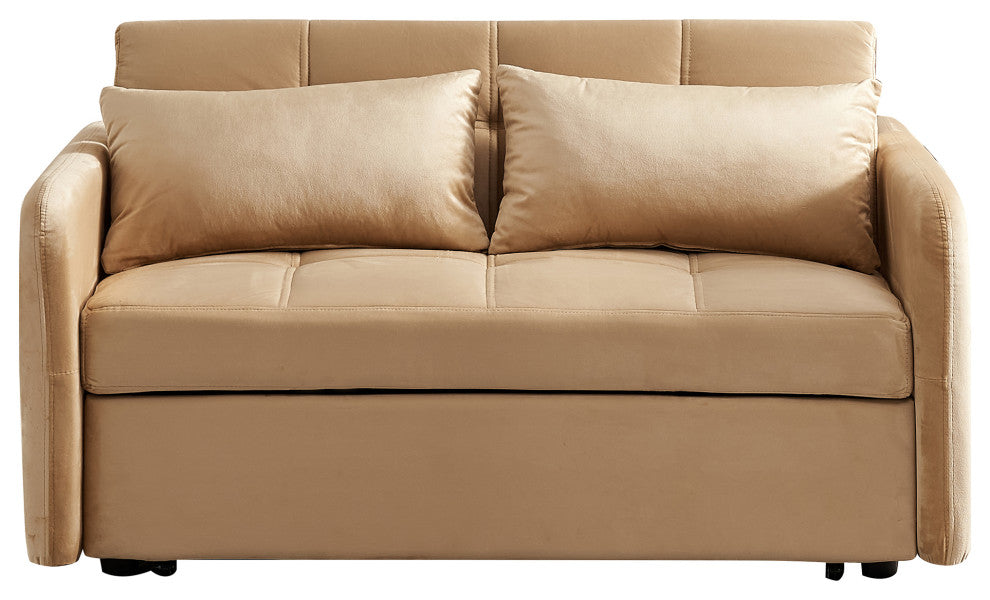 Gewnee 55.5"Twins Pull Out Sofa Bed Khaki Velvet, Khaki