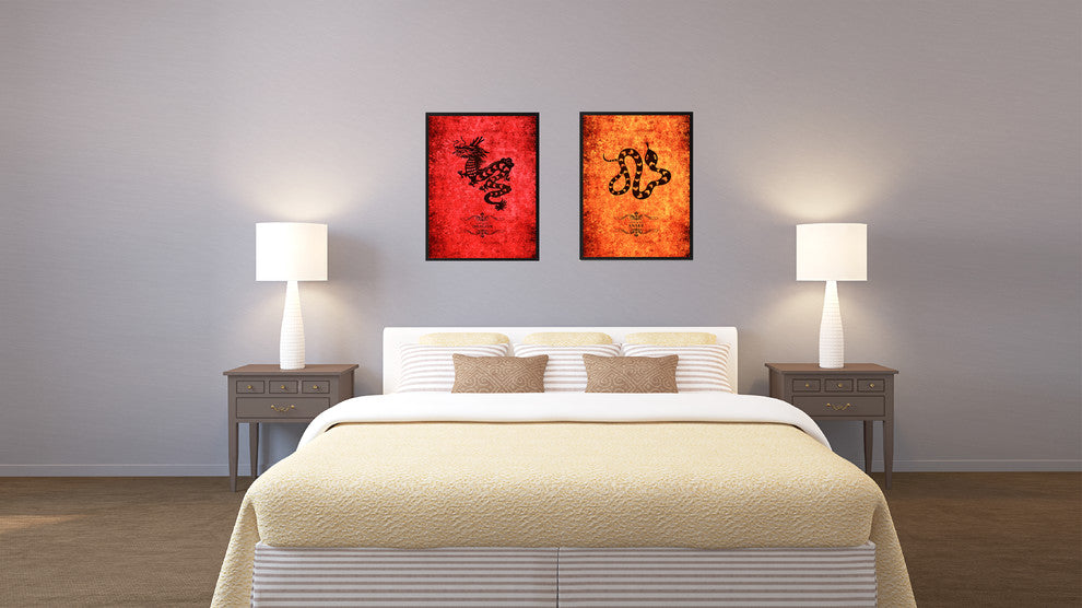 Snake Chinese Zodiac Orange Print on Canvas with Picture Frame, 22"x29"