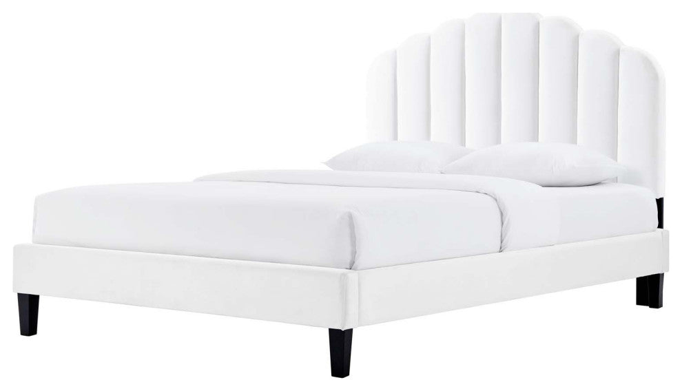 Platform Bed Frame, King Size, White, Velvet, Modern, Bedroom Guest Suite