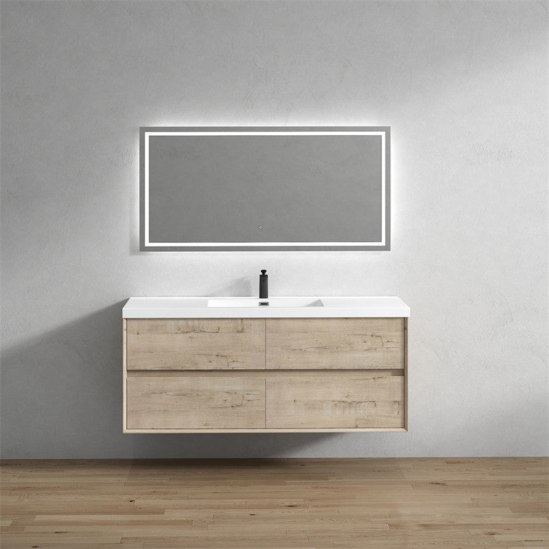 SLIM Light White Oak Wall Mount Vanity, Reinforced Acrylic Sink, 60" Single