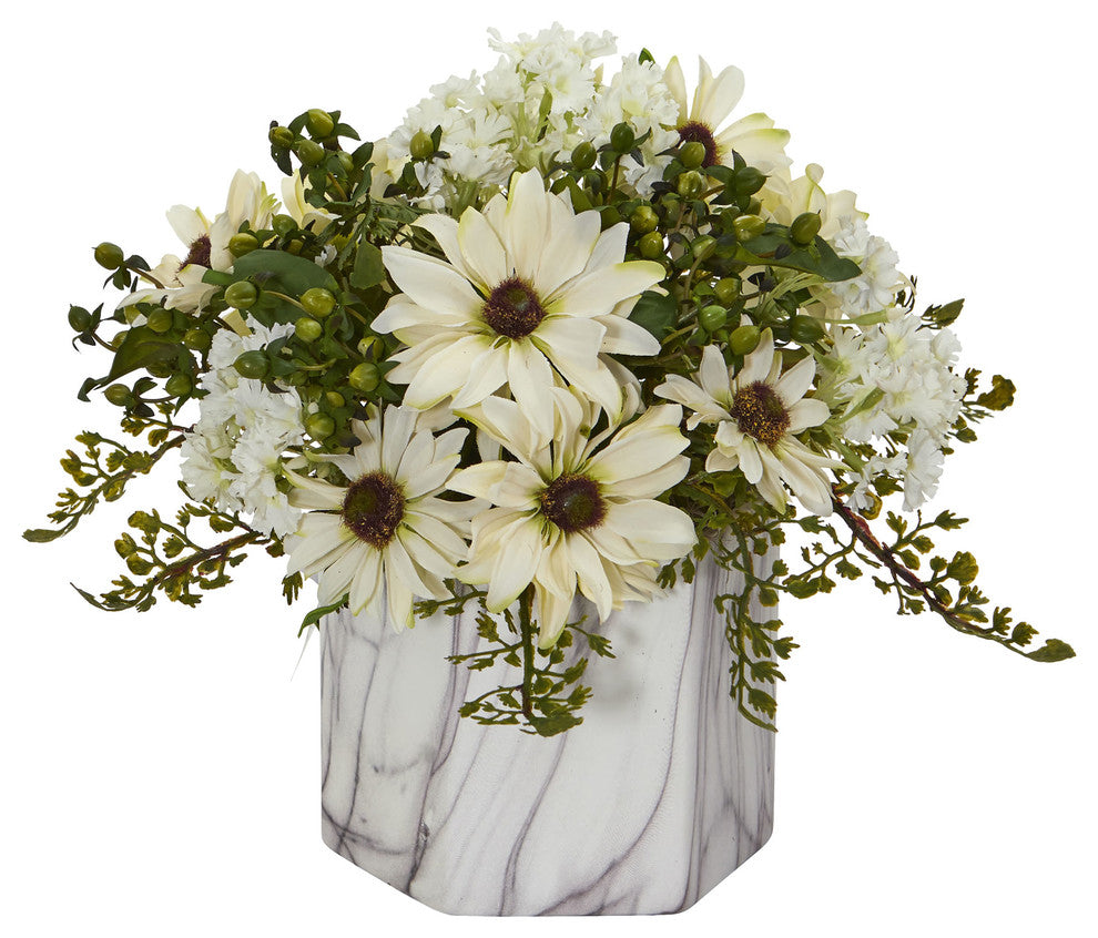 Nearly Natural Daisy Artificial Arrangement in Marble Finished Vase Cream