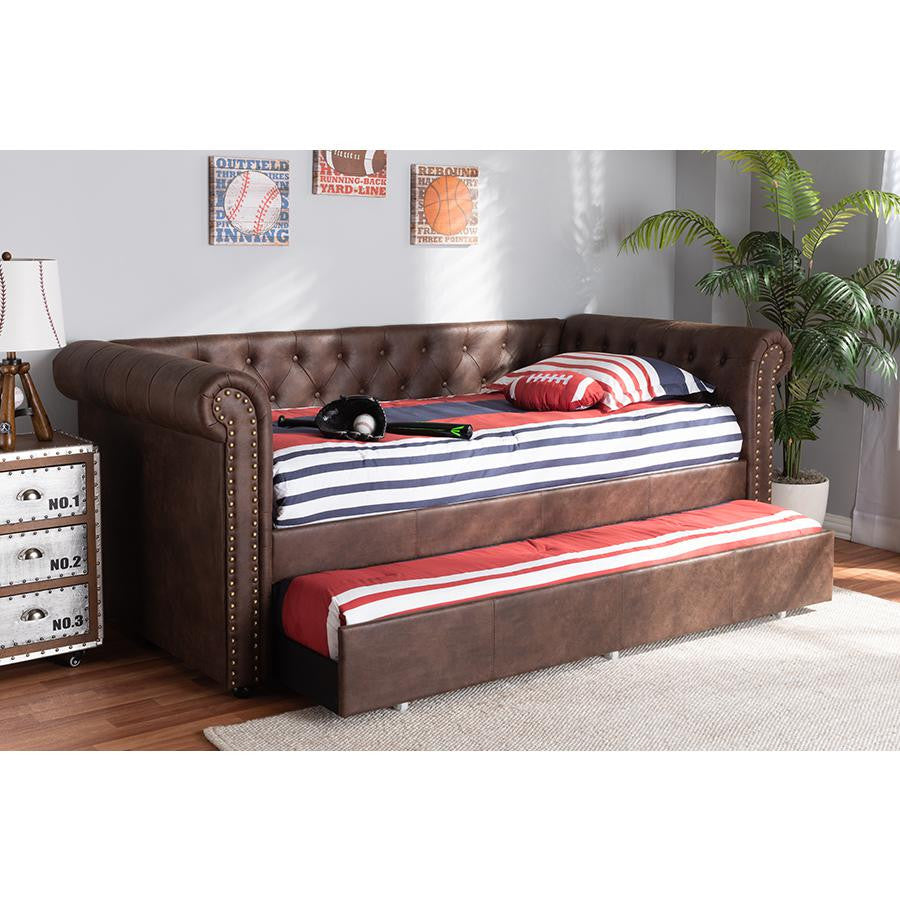 Mabelle Brown Faux Leather Upholstered Daybed With Trundle