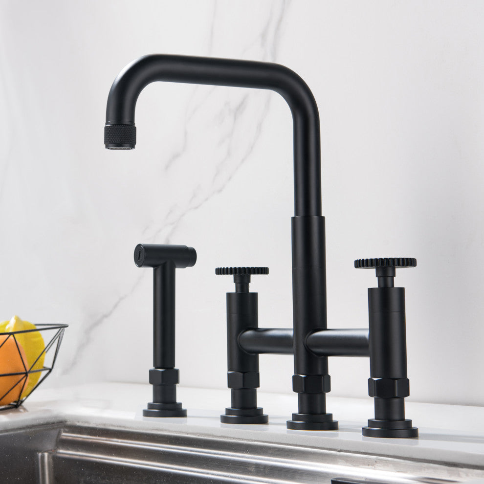 Deck-Mount Bridge Kitchen Sink Faucet With Dual Wheel Handles and Side Sprayer,