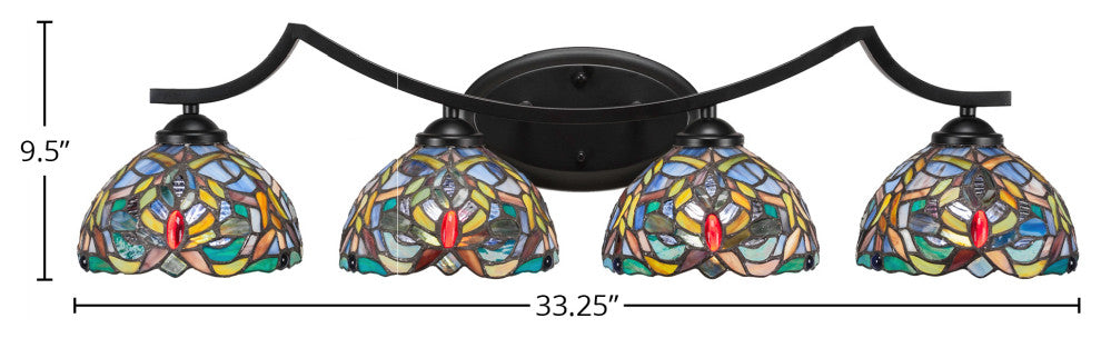 Zilo 4 Light Bath Bar, Matte Black Finish, 7" Kaleidoscope Tiffany Glass