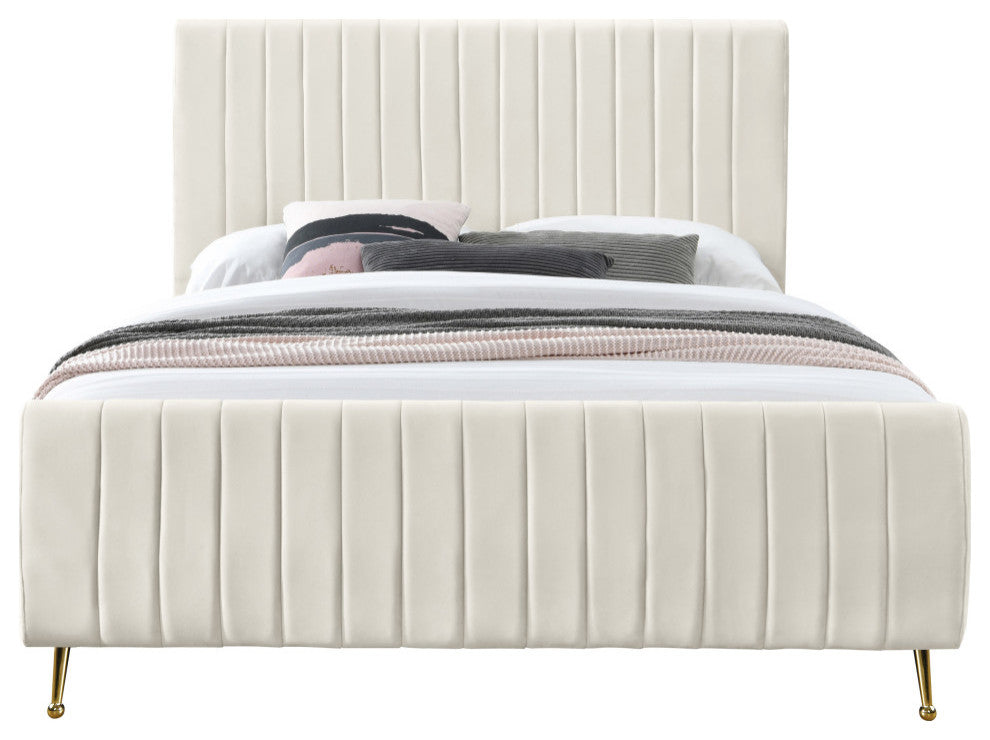 Zara Channel Tufted Velvet Upholstered Bed With Custom Gold Legs, Cream, King