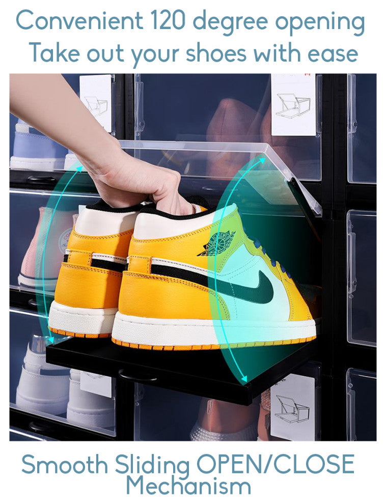 Set of 8 Stackable Shoe Storage Box, Black, Pull-out Sliding Shoe Container