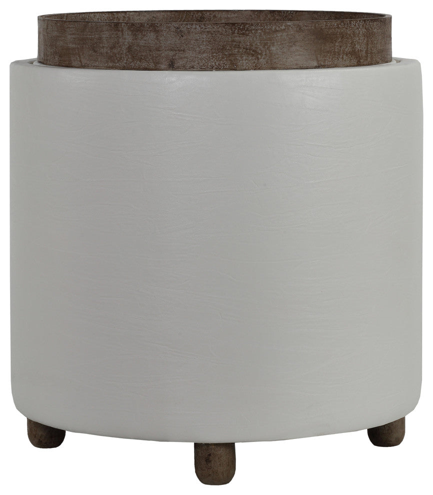 Cortesi Home Keyes Round Storage Ottoman With Tray Top, White Faux Leather