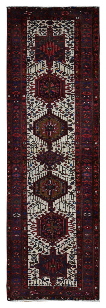 Crimson Red Vintage Persian Karajeh Pure Wool Hand Knotted Runner Rug 3'2"x10'5"