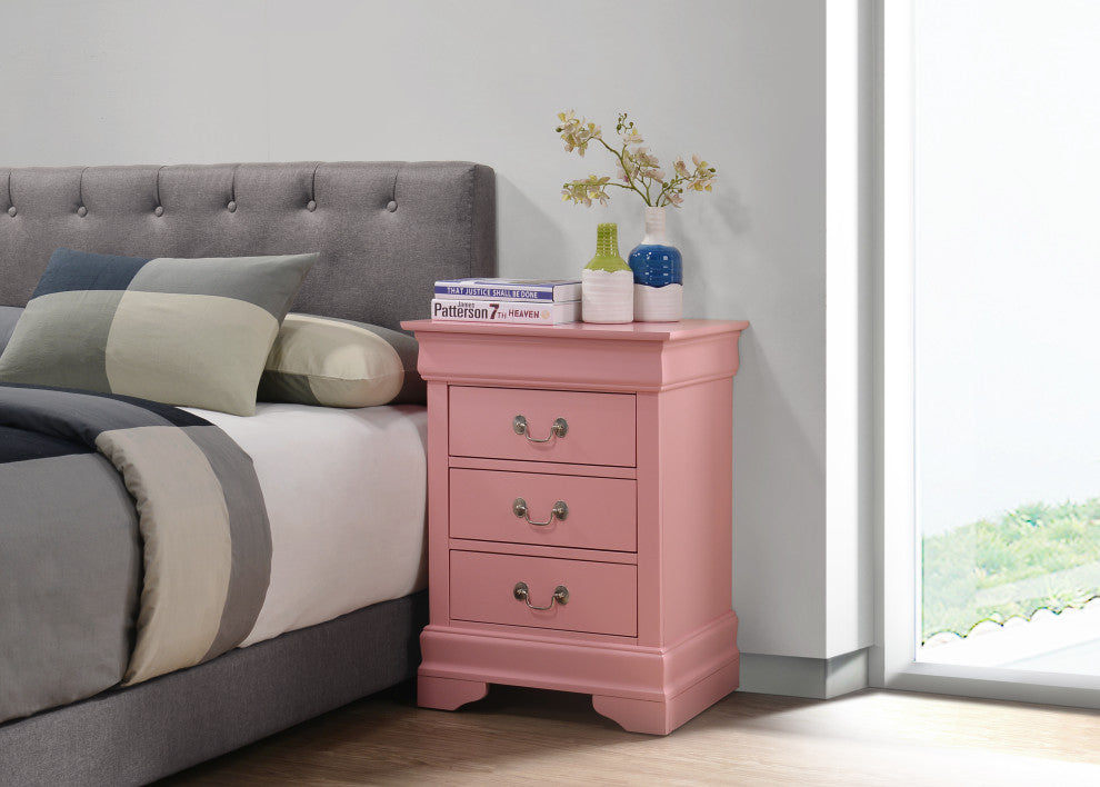 Louis Phillipe 3-Drawer Nightstand, Pink