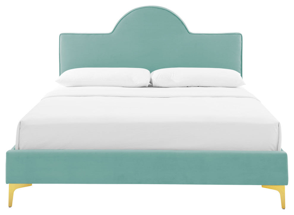 Platform Bed Frame, Queen Size, Blue, Velvet, Modern, Bedroom Guest Suite