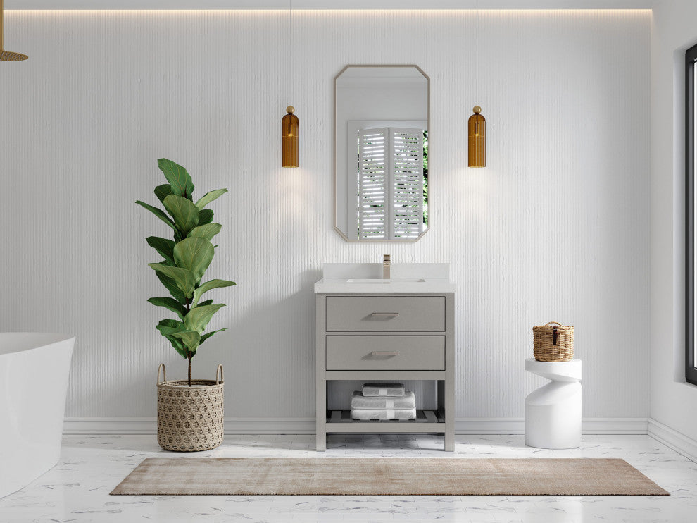 Parker 30 Single Sink Bath Vanity in Elephant Skin Gray  2" Carrara Quartz