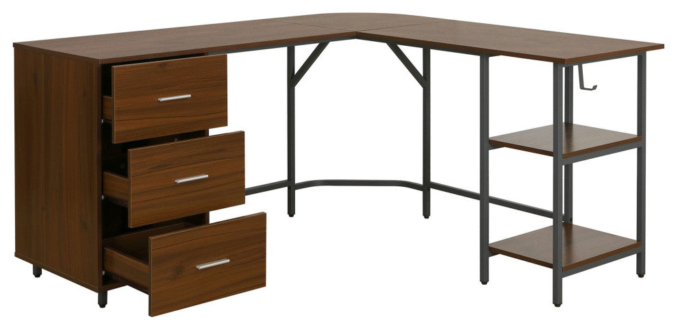 Techni Mobili L-Shape Home Office Two Tone Desk with Storage, Walnut