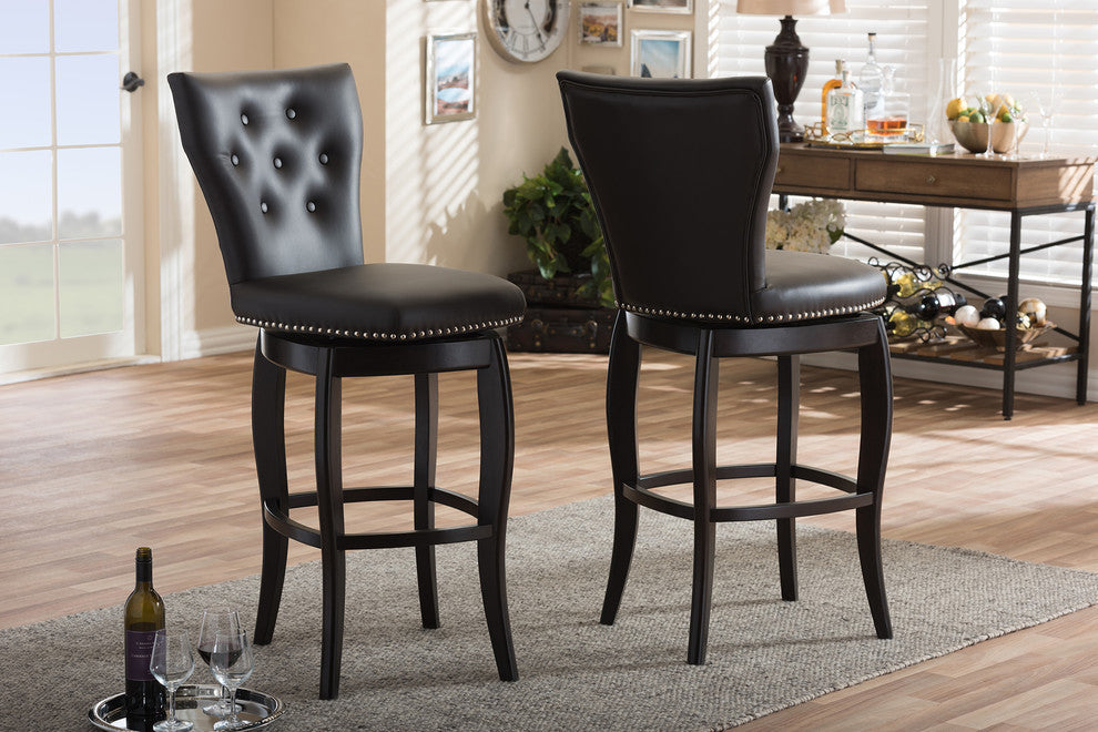 Brown Faux Leather Upholstered Button-Tufted 29" Swivel Bar Stool, Set of 2