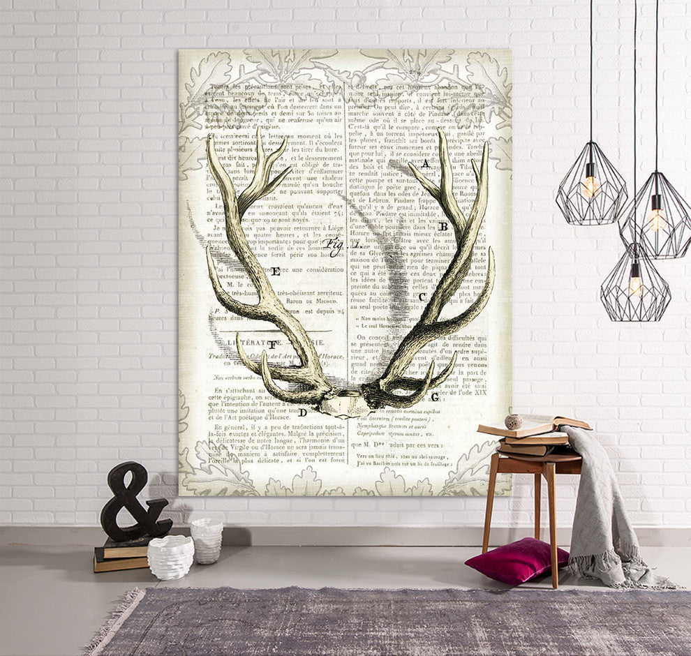 "Regal Antlers on Newsprint, I" Fine Art Canvas Print, 54"x72"