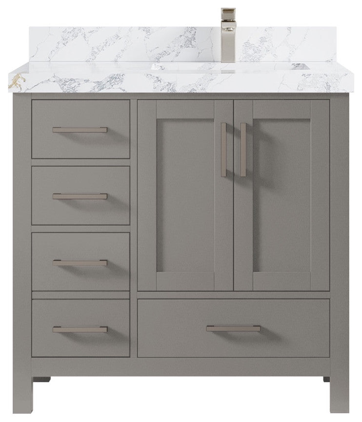 Malibu 36 Right Offset Bath Vanity in Elephant Skin Gray 2" Calacatta Poanazzo
