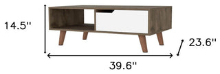 40" Brown and Brown and White Wood Coffee Table With Drawer and Shelf