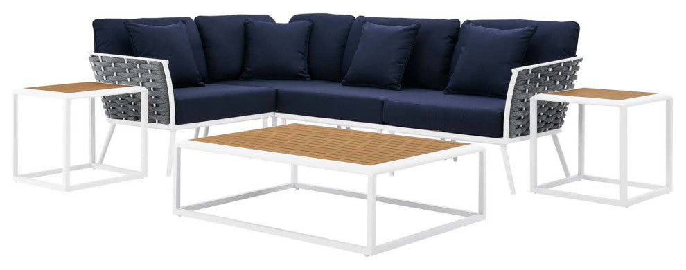 Lounge Sectional Sofa Chair Table Set, Navy White, Aluminum, Modern, Outdoor