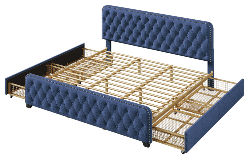 Metal Platform Bed with Headboard, Upholstered and 4-Drawer, Blue, 84.6" X 79.5"