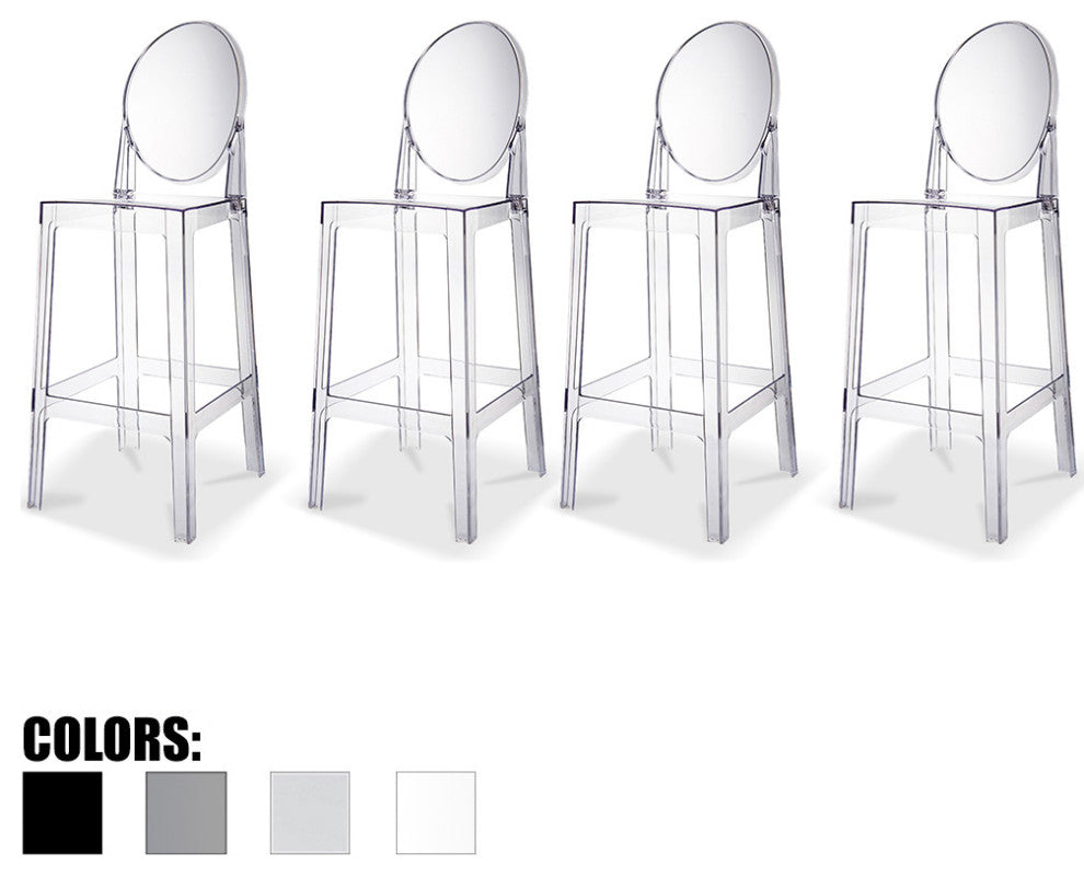 Designer Ghost Style Molded Plastic Bar Height Kitchen Stools For Dining, Clear, Set of 4