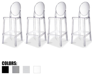 Designer Ghost Style Molded Plastic Bar Height Kitchen Stools For Dining, Clear, Set of 4