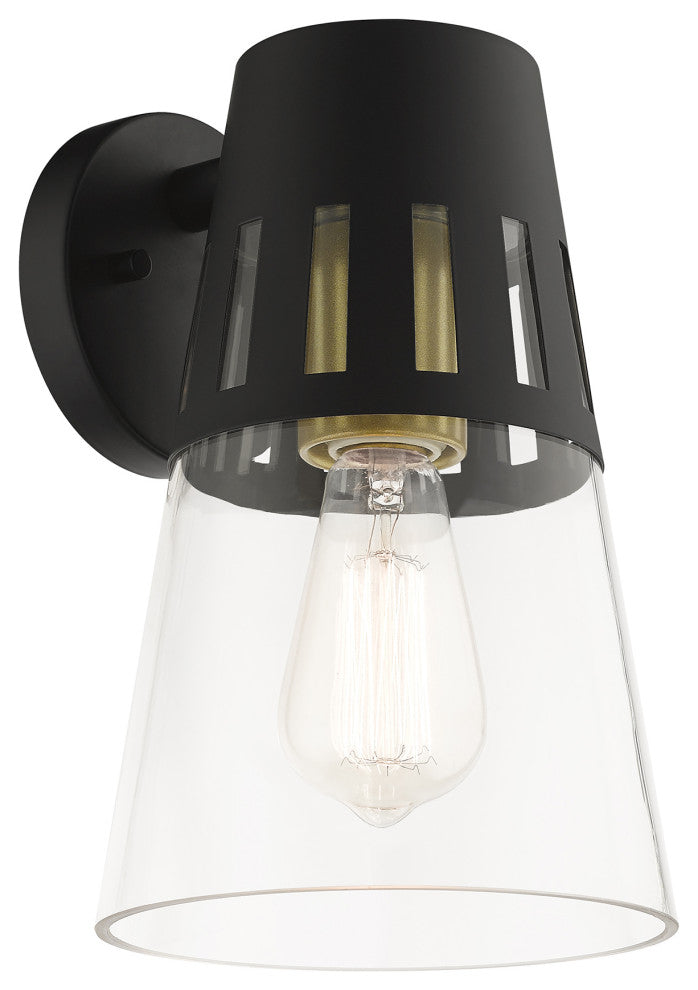 Covington 1-Light Black Outdoor Medium Wall Lantern, Soft Gold Accents