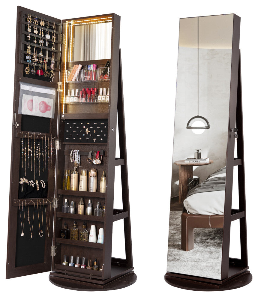 Lockable Swivel Mirrored Jewelry Cabinet Storage w/Stand & Dimmable LED Lights, Brown