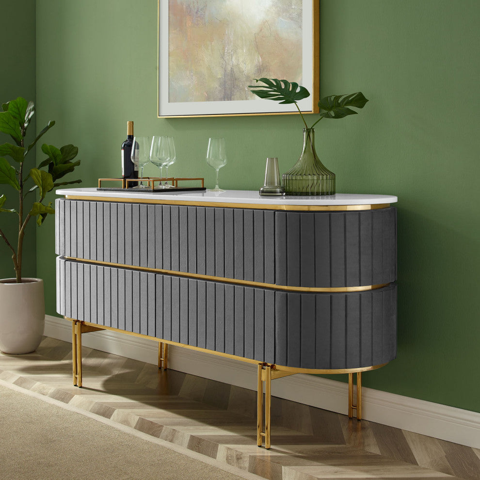 Console Entry Table Sideboard, White Gray, Velvet, Modern Lounge Cafe