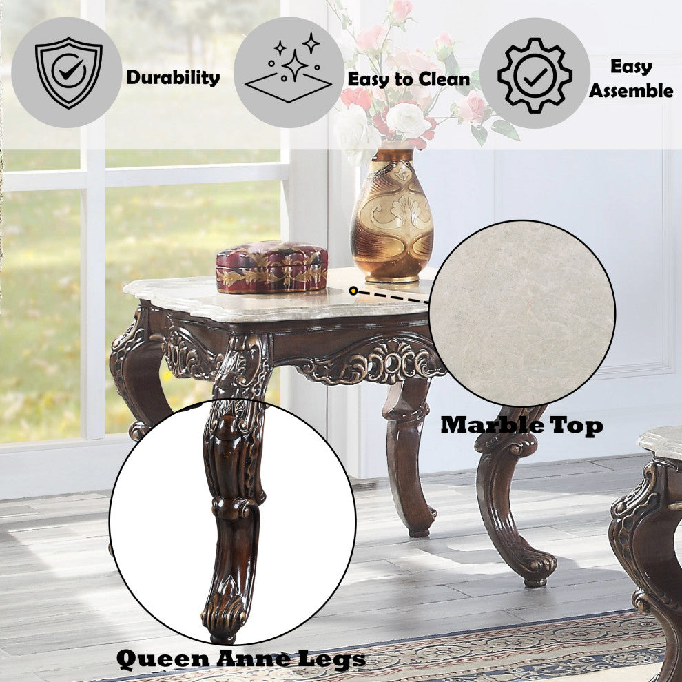 ACME Benbek End Table, Marble and Antique Oak Finish