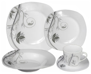 Porcelain 20 Piece Square Dinnerware Set Service for 4, Grey Tone Floral