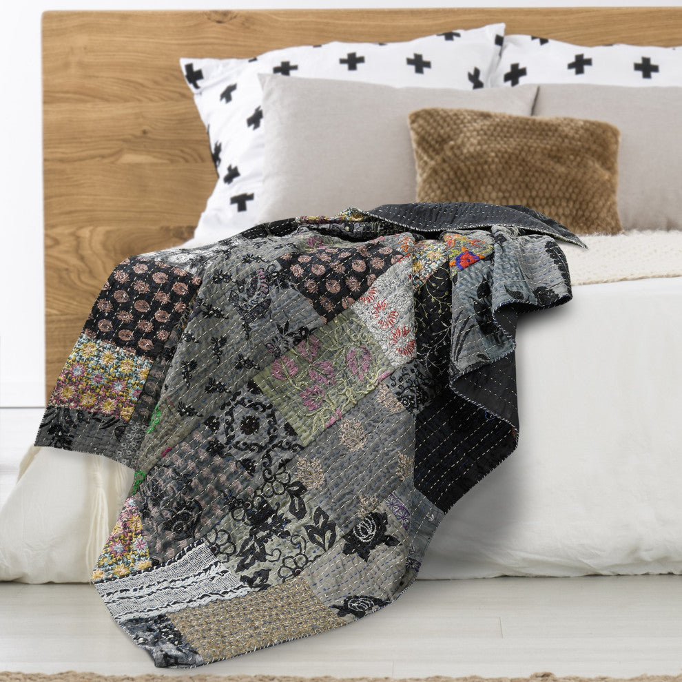 Gray Haze Quilted Boho Kantha Throw Blanket, 50" x 70"