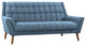 Cobra Mid Century Modern Sofa, Blue Linen and Walnut Legs