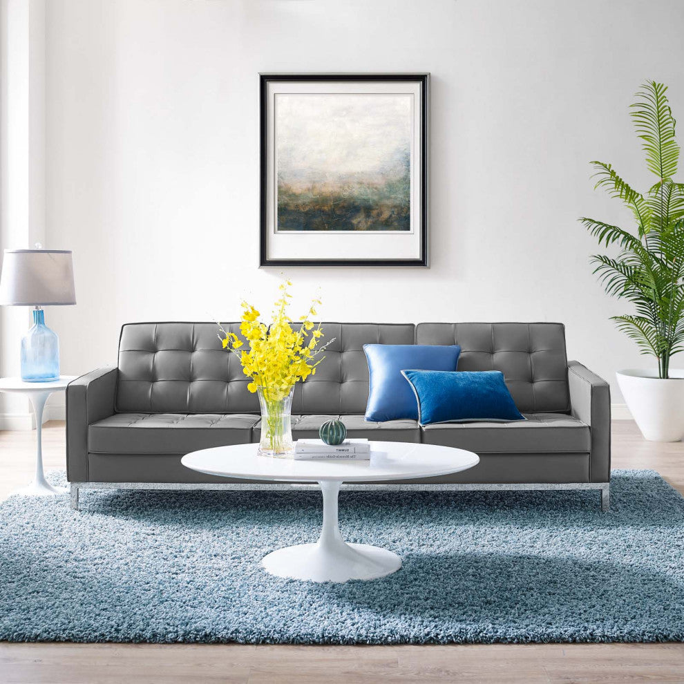 Modern Living Lounge Sofa, Faux Vinyl Leather Metal Steel, Grey Gray Silver, Gray