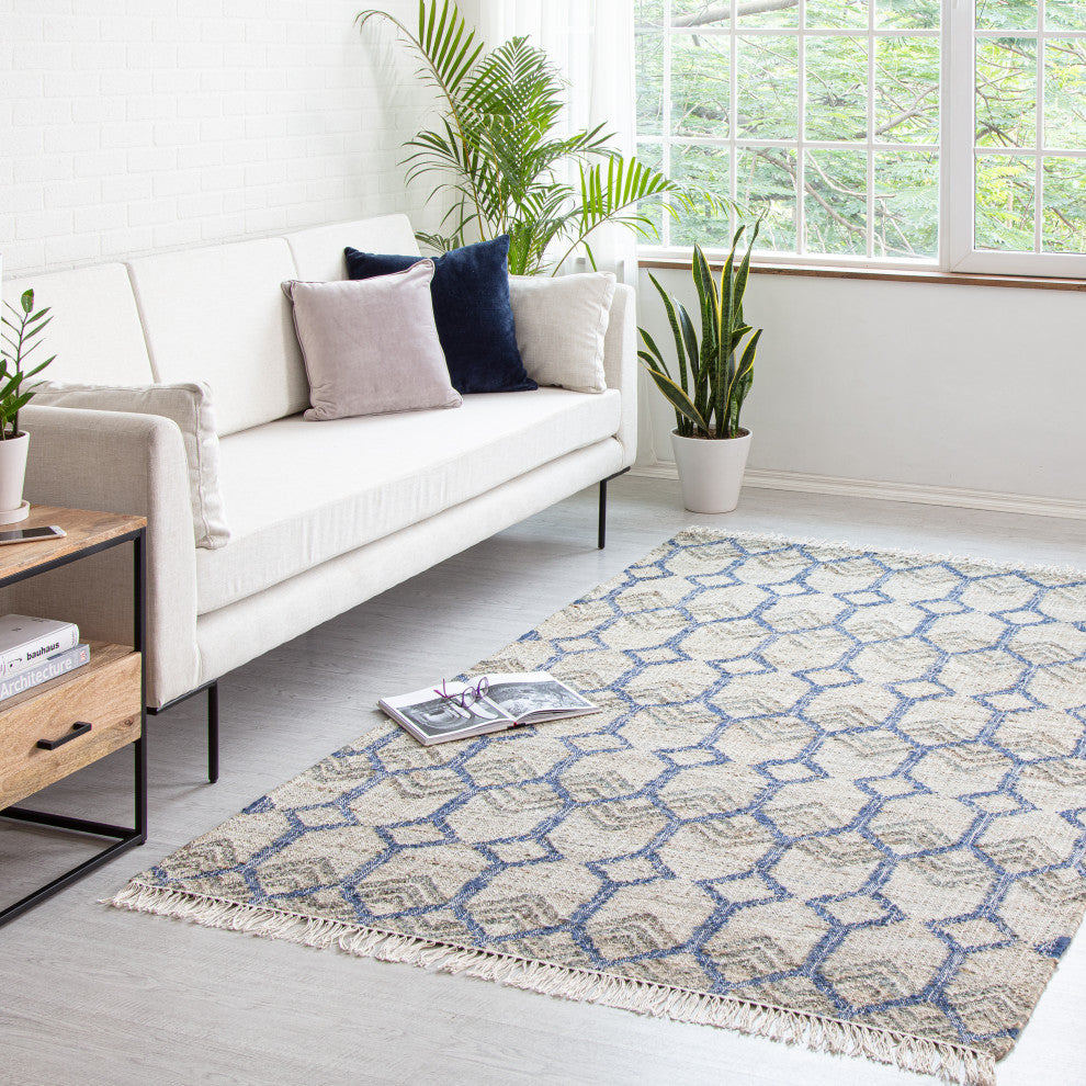 8' x 10' Marquesas Ivory and Blue Trellis Flatweave Area Rug