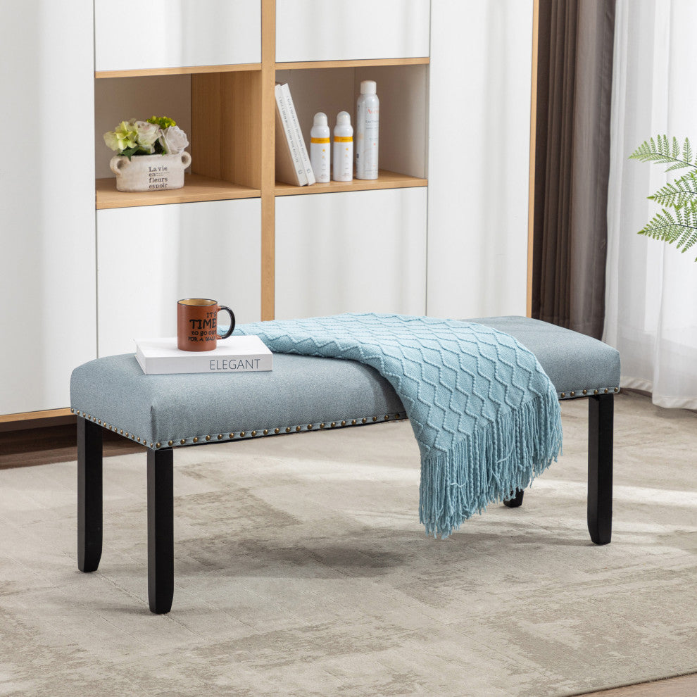 Decorative Nails Upholstered Bench, Lightgreen