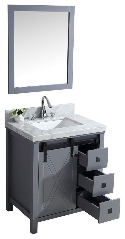 Marsyas Veluti 30" Dark Gray Single Vanity Carrara Marble Top Sink, 28" Mirror