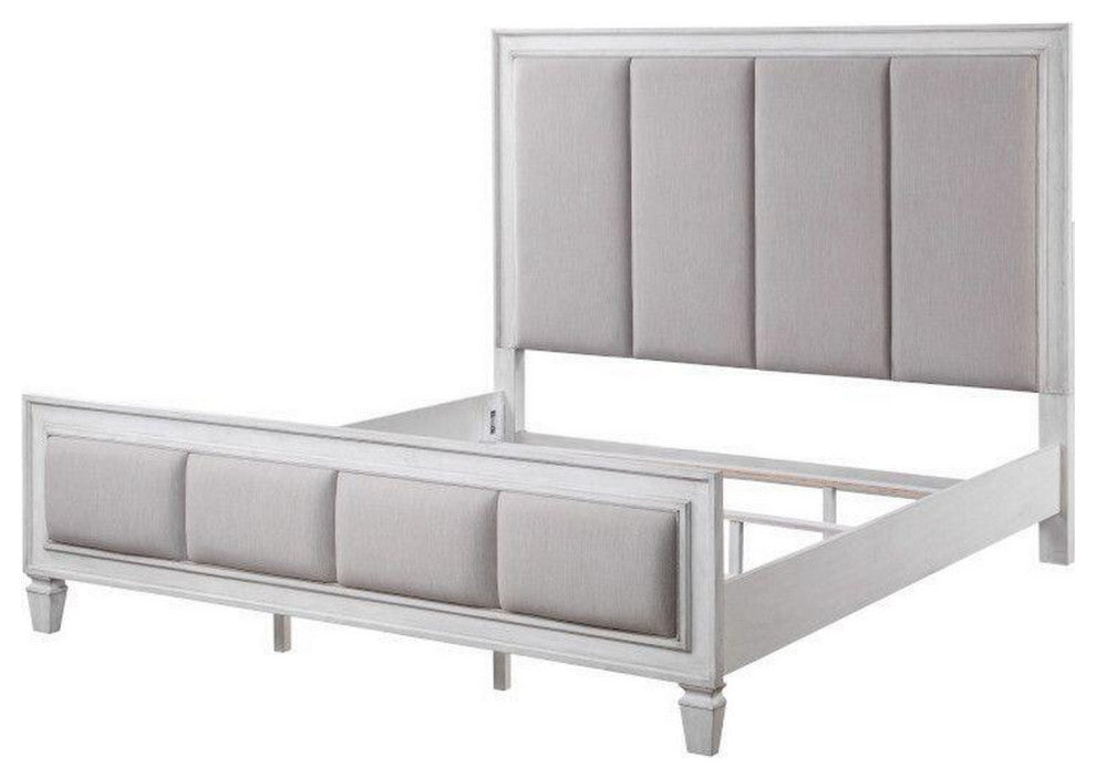 Benzara BM284019 Kate King Size Bed ChannelTufted, Gray Fabric, White Wood Frame