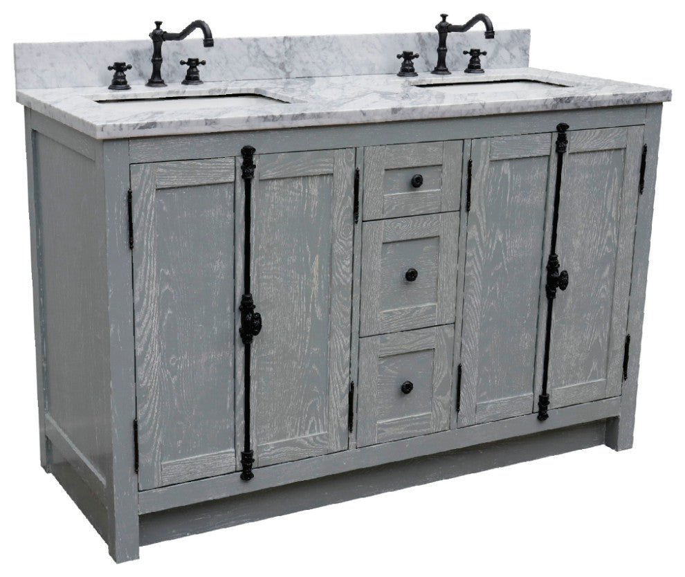55" Double Vanity, Gray Ash With White Carrara Marble, Mirrors & Rectangle Sinks