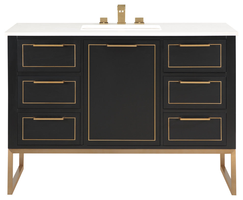 Markham 48" Bathroom Vanity, Midnight Black/Satin Brass, 48", Quartz Countertop