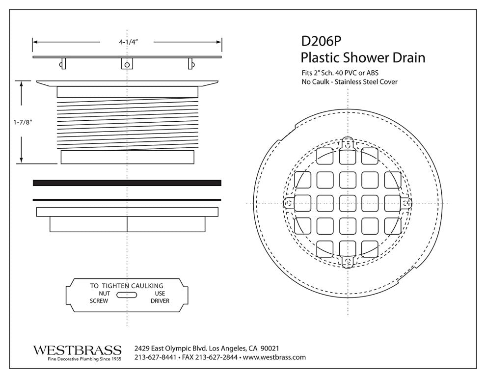 2" PVC Shower Drain Assembly and Grid, Polished Brass, Polished Brass