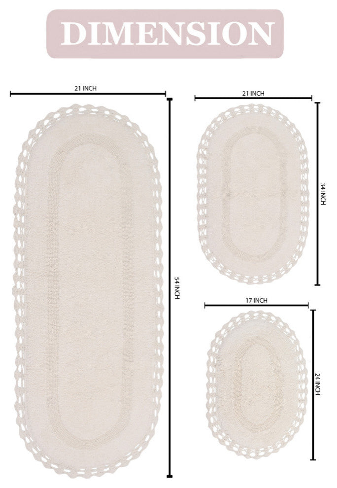 Hampton Crochet Reversible Bath Rug, 3-Piece Set With Runner, Ivory