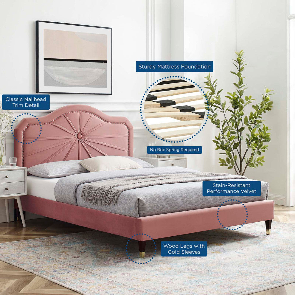 Platform Bed Frame, Full Size, Velvet, Pink, Modern Contemporary, Bedroom Master