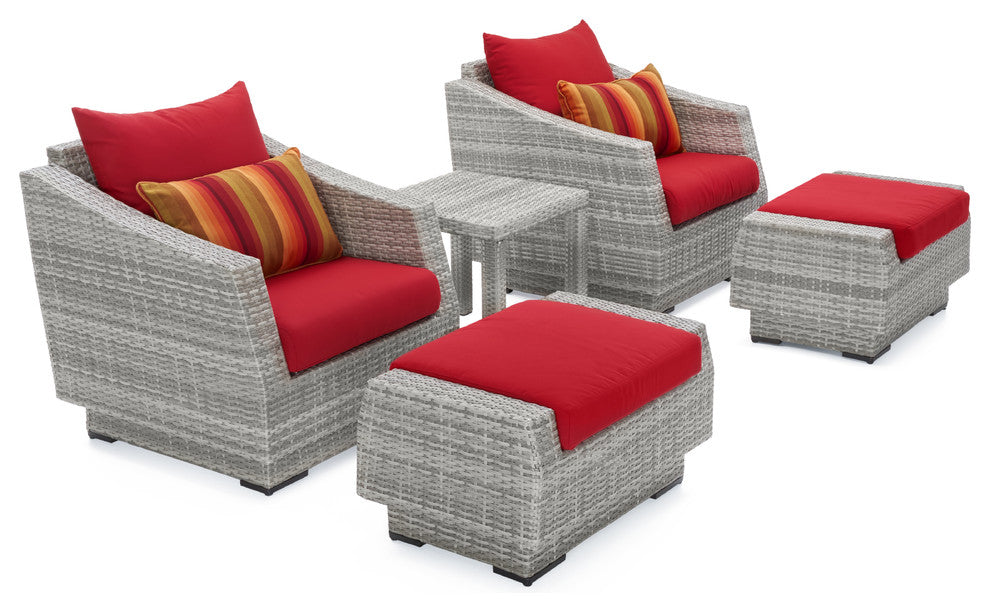 Cannes 5 Piece Sunbrella Outdoor Patio Club Chair and Ottoman Set, Red