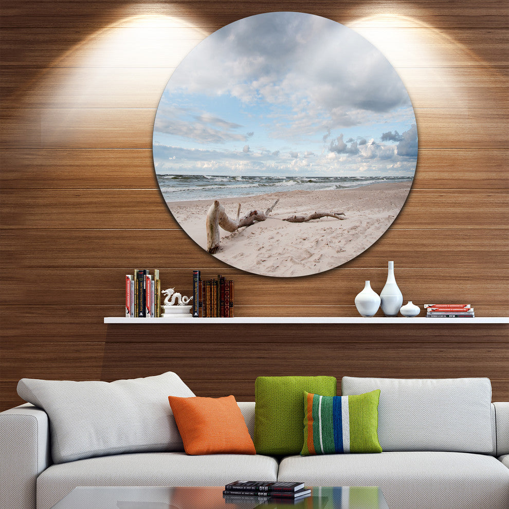 Piece Of Wood On Beach, Modern Seascape Round Metal Wall Art, 23"