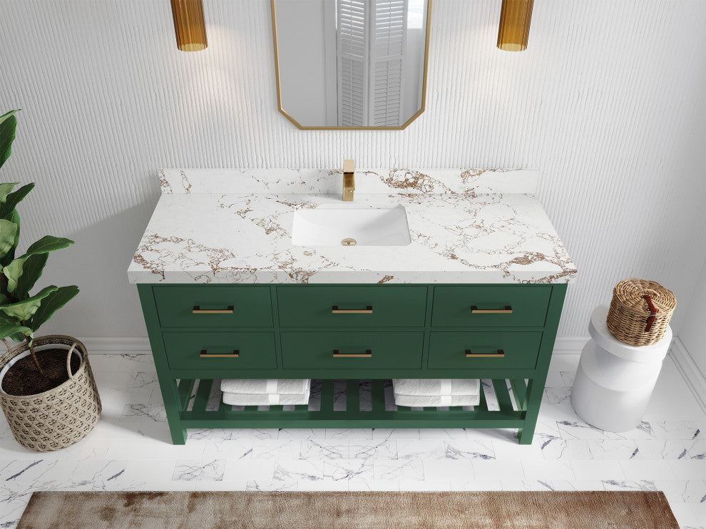 Parker 60" Single Sink Bath Vanity, Lafayette Green 2" Viola Gold