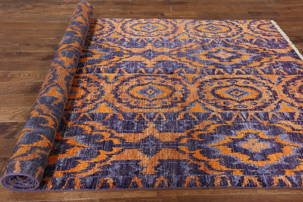 Unique Size 6'x12' Purple and Orange Kaitag Hand Knotted Wool Area Rug H8821