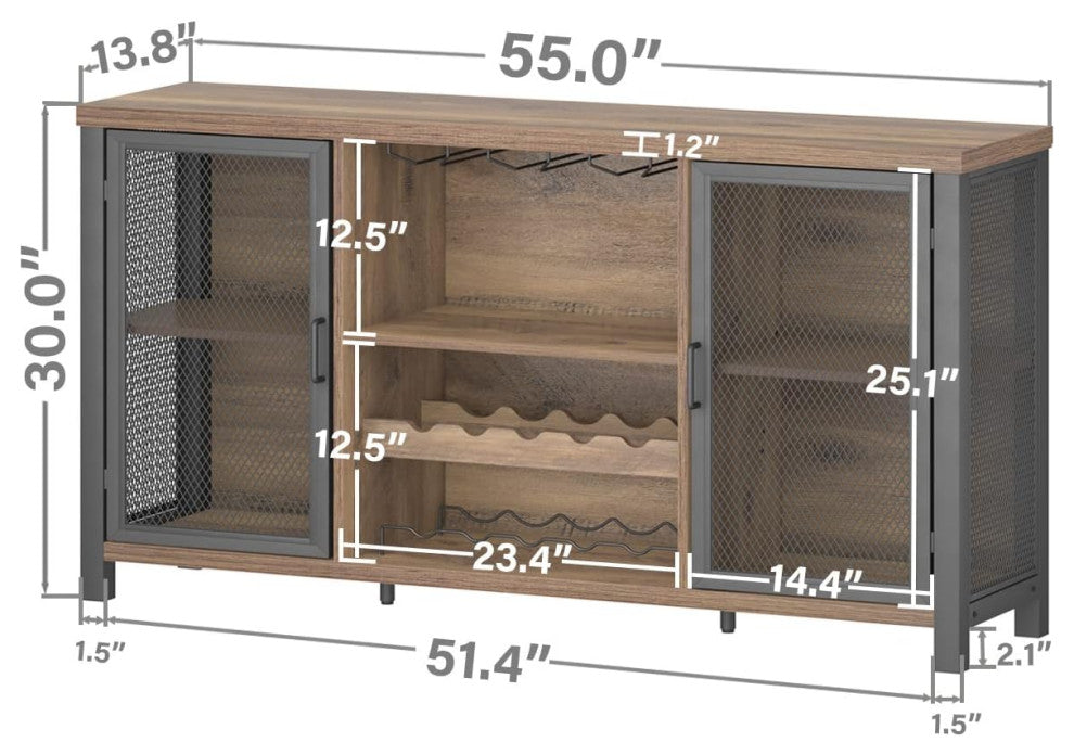 Rustic Bar Cabinet With Bottle Storage and Double Mesh Door Design, Rustic Oak
